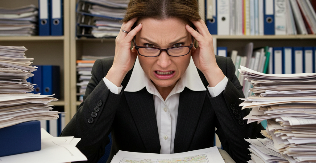 Stressed Woman In Office at Desk Stressed Woman In Office at Desk
